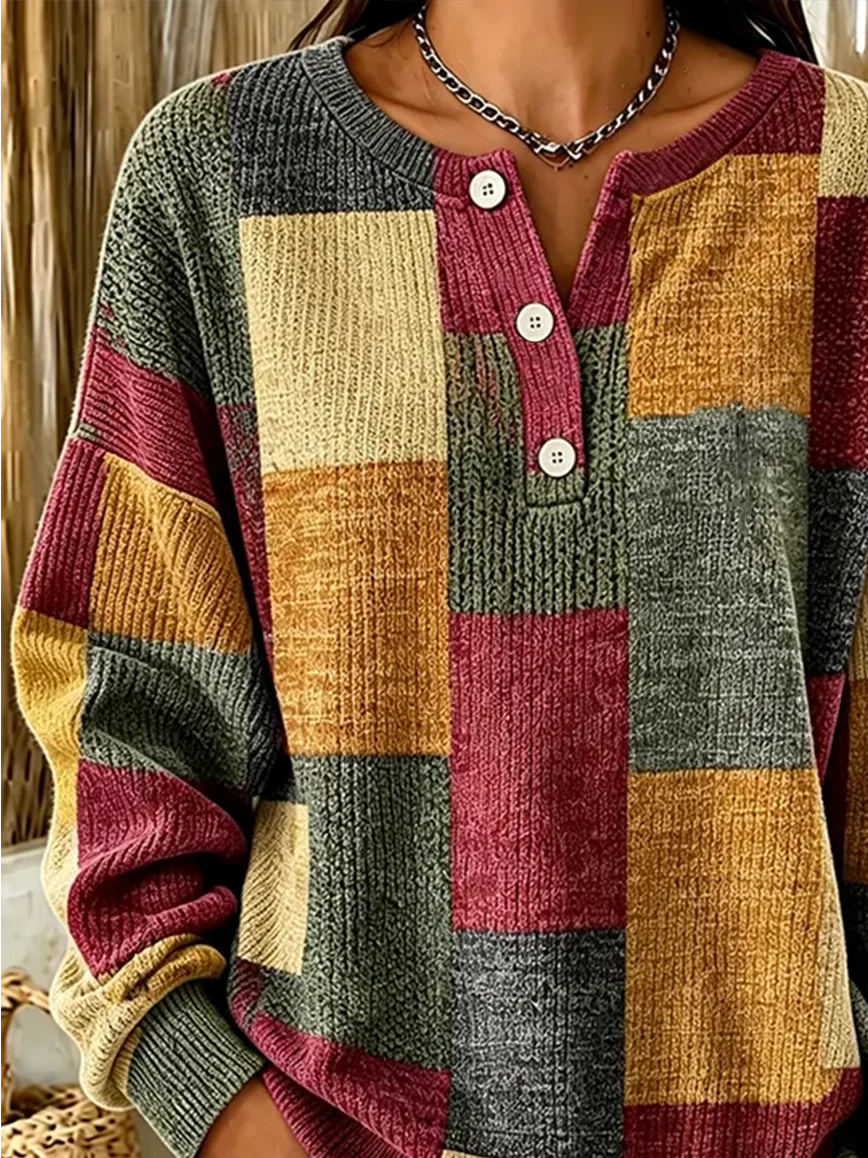 Vintage Casual Abstract Henley Collar Long Sleeve Sweatshirt