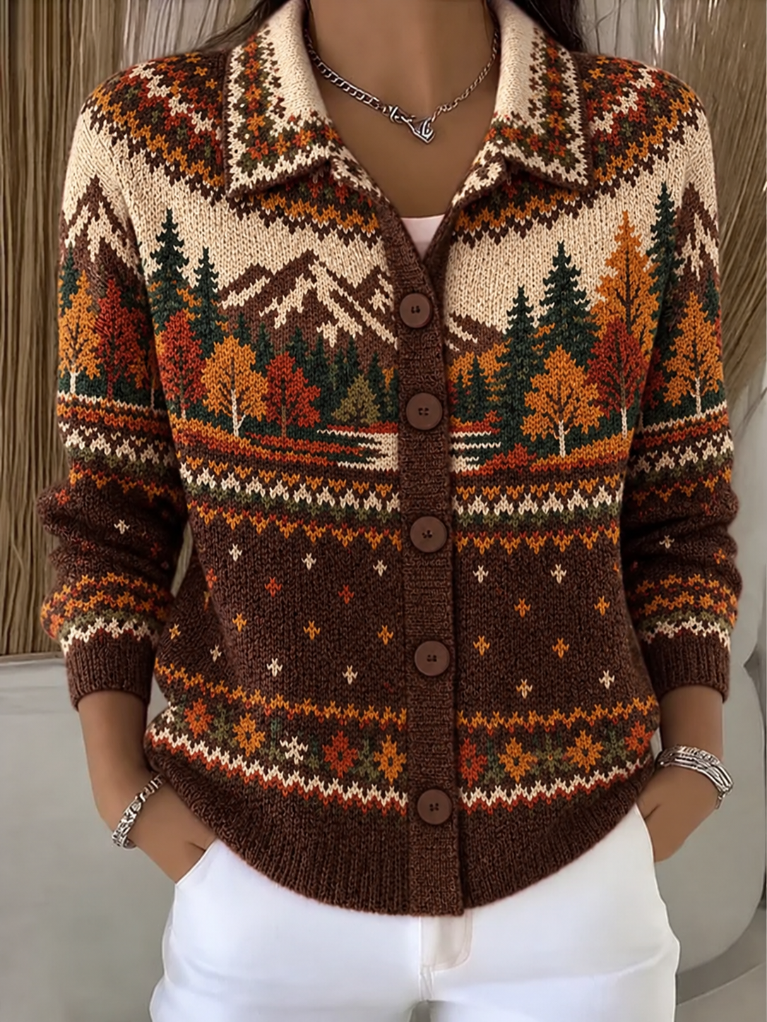 Regular Fit Shawl Collar Geometric Simple Knit Top