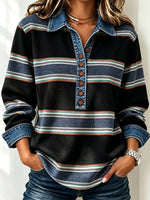 Women Striped Casual Shirt Shawl Collar Long Sleeve Top