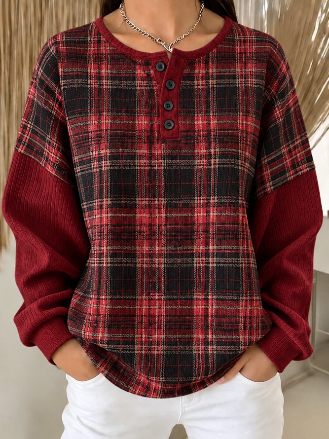 Casual Plaid Henley Collar Long Sleeve Sweatshirt