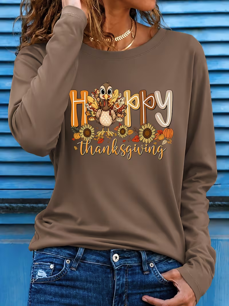 Casual Turkey Crew Neck Long Sleeve T-shirt