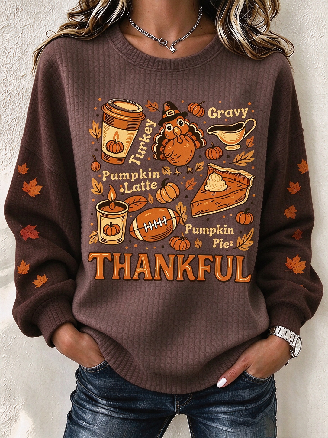 Casual Maple Leaf Crew Neck Long Sleeve Sweatshirt