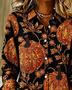 Women Pumpkin Pattern Vintage Shirt Shirt Collar Long Sleeve Top