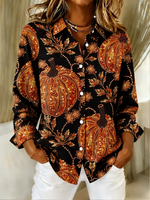 Women Pumpkin Pattern Vintage Shirt Shirt Collar Long Sleeve Top