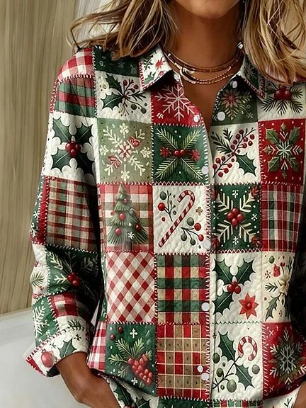 Women Christmas Casual Shirt Shirt Collar Long Sleeve Buckle Top