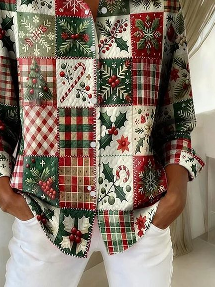 Women Christmas Casual Shirt Shirt Collar Long Sleeve Buckle Top