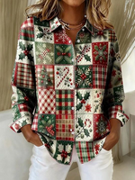 Women Christmas Casual Shirt Shirt Collar Long Sleeve Buckle Top