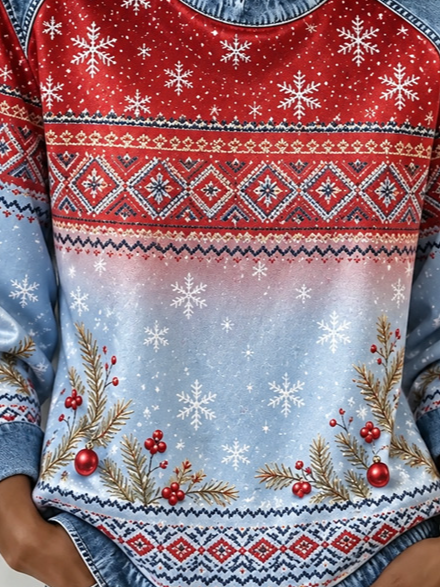 Casual Snowflake Crew Neck Long Sleeve Sweatshirt