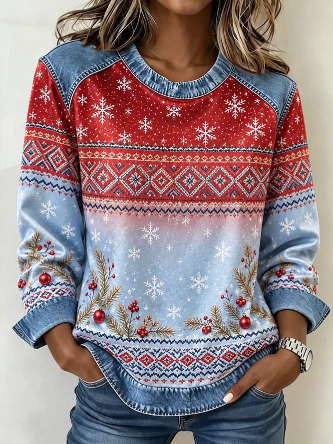 Casual Snowflake Crew Neck Long Sleeve Sweatshirt