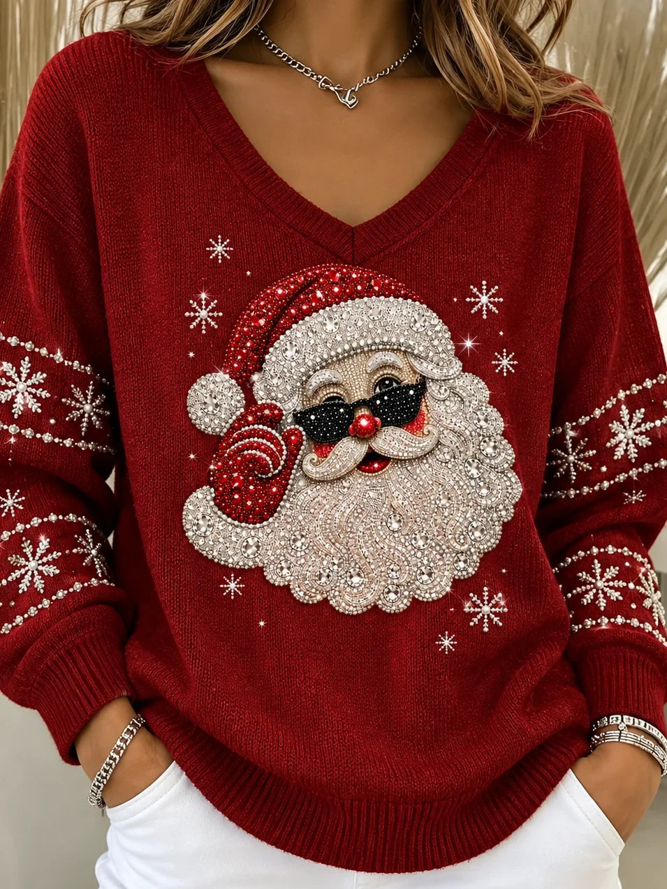 Vintage Santa Claus V Neck Long Sleeve Sweatshirt