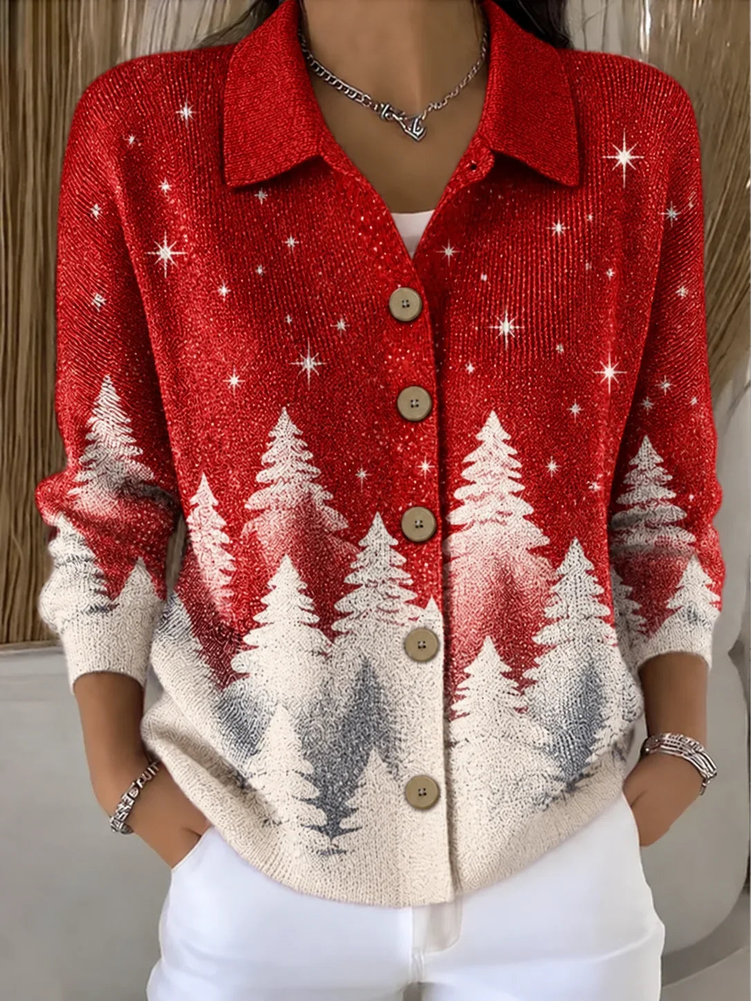 Regular Fit Shawl Collar Star Simple Knit Top