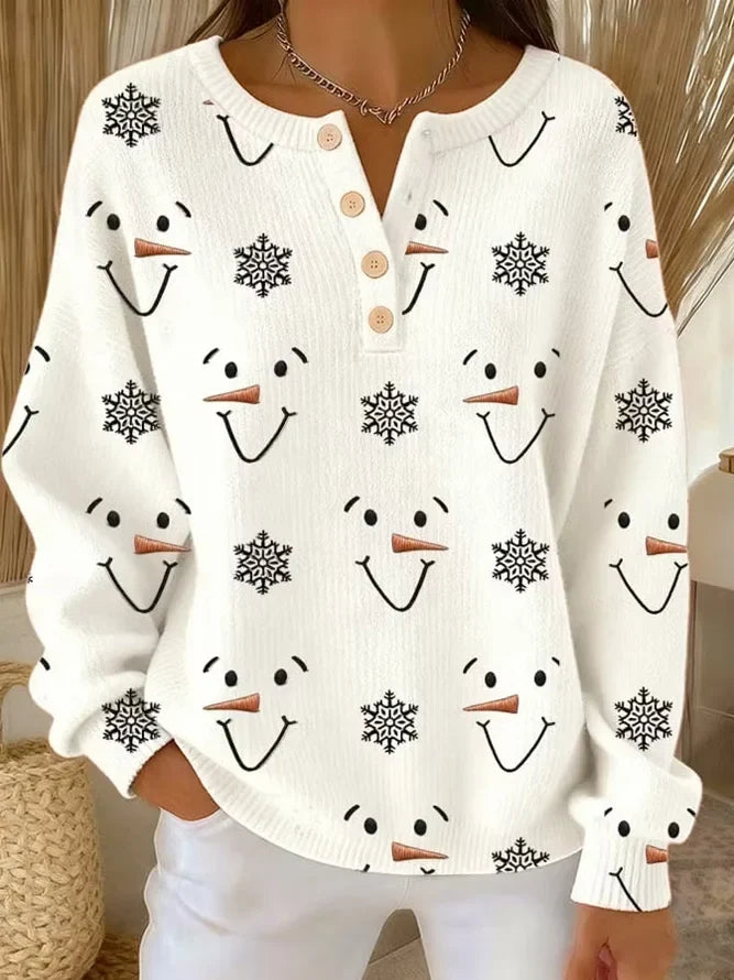 Casual Christmas Henley Collar Long Sleeve Sweatshirt