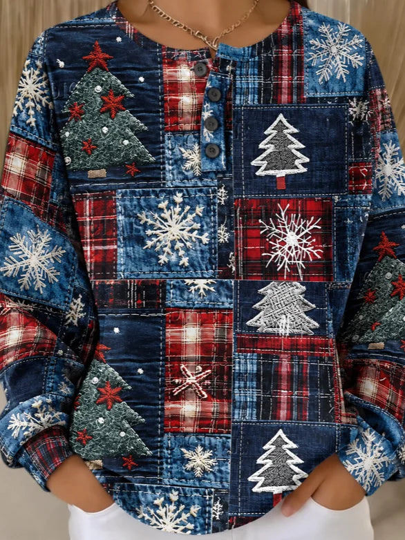 Casual Snowflake Henley Collar Long Sleeve Sweatshirt
