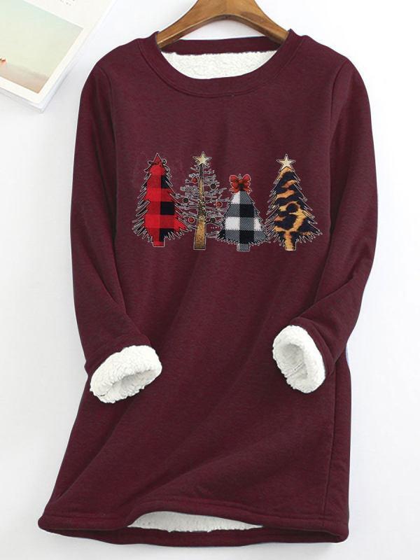 Fleece Warm Christmas Tree Print Long Sleeve T-shirt
