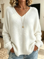 Oversized Fuzzy Solid Mohair Style V Neck Sweater