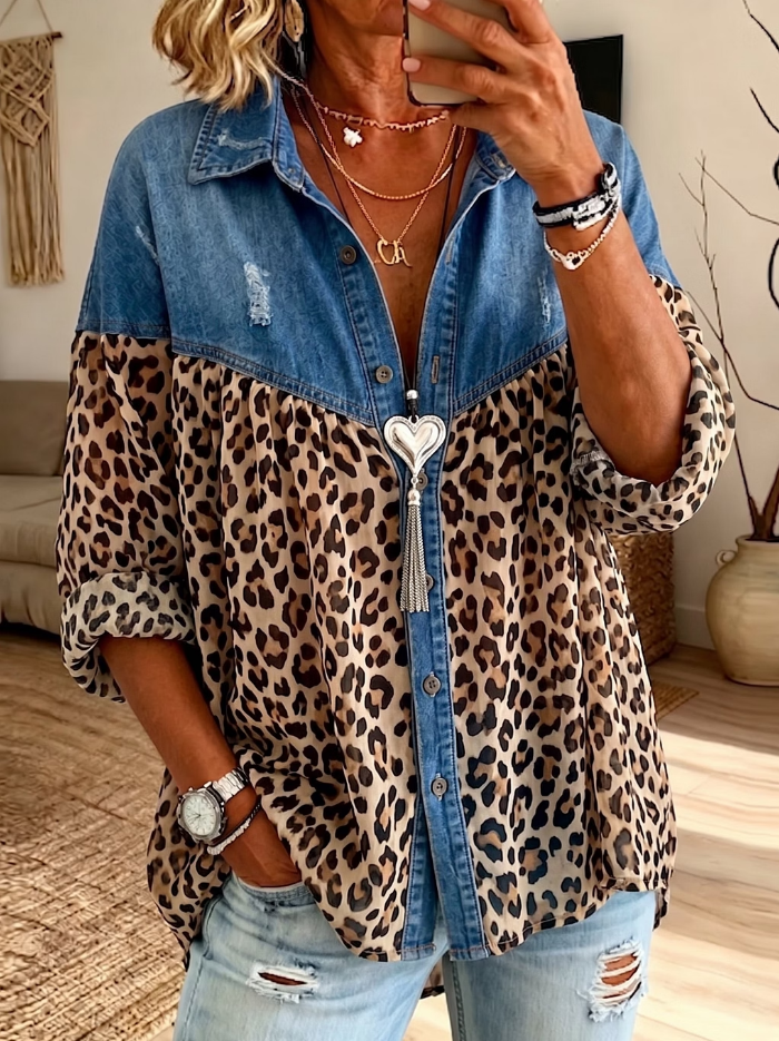 Women¡¯s Casual Distressed Denim Spliced Leopard Print Loose Button Down Blouse