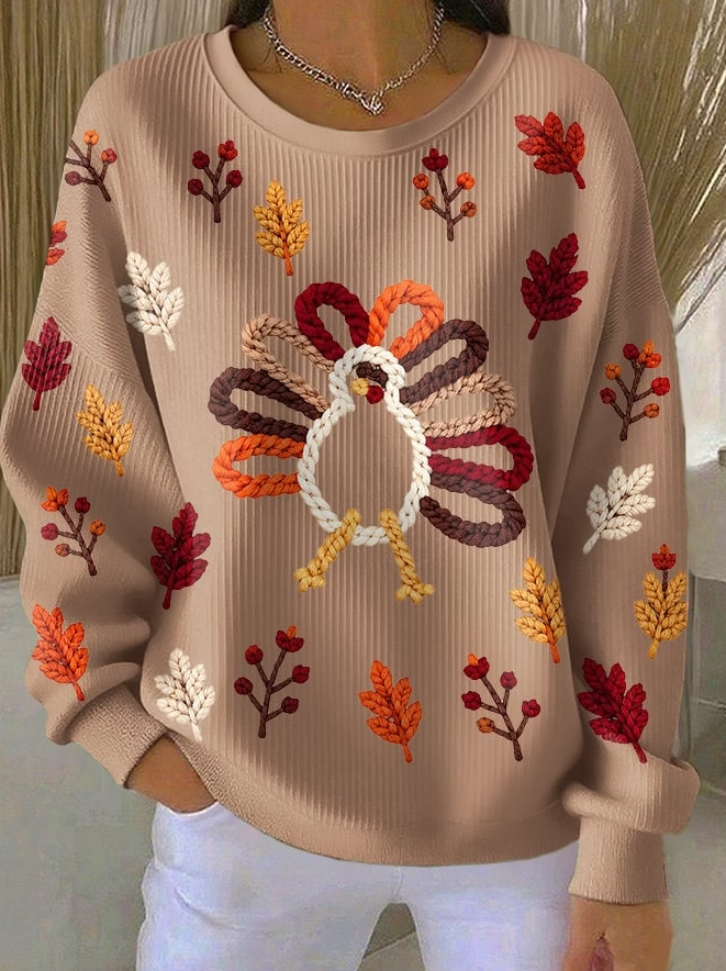 Women Casual Printed Waffle Long Sleeve Sweatshirt