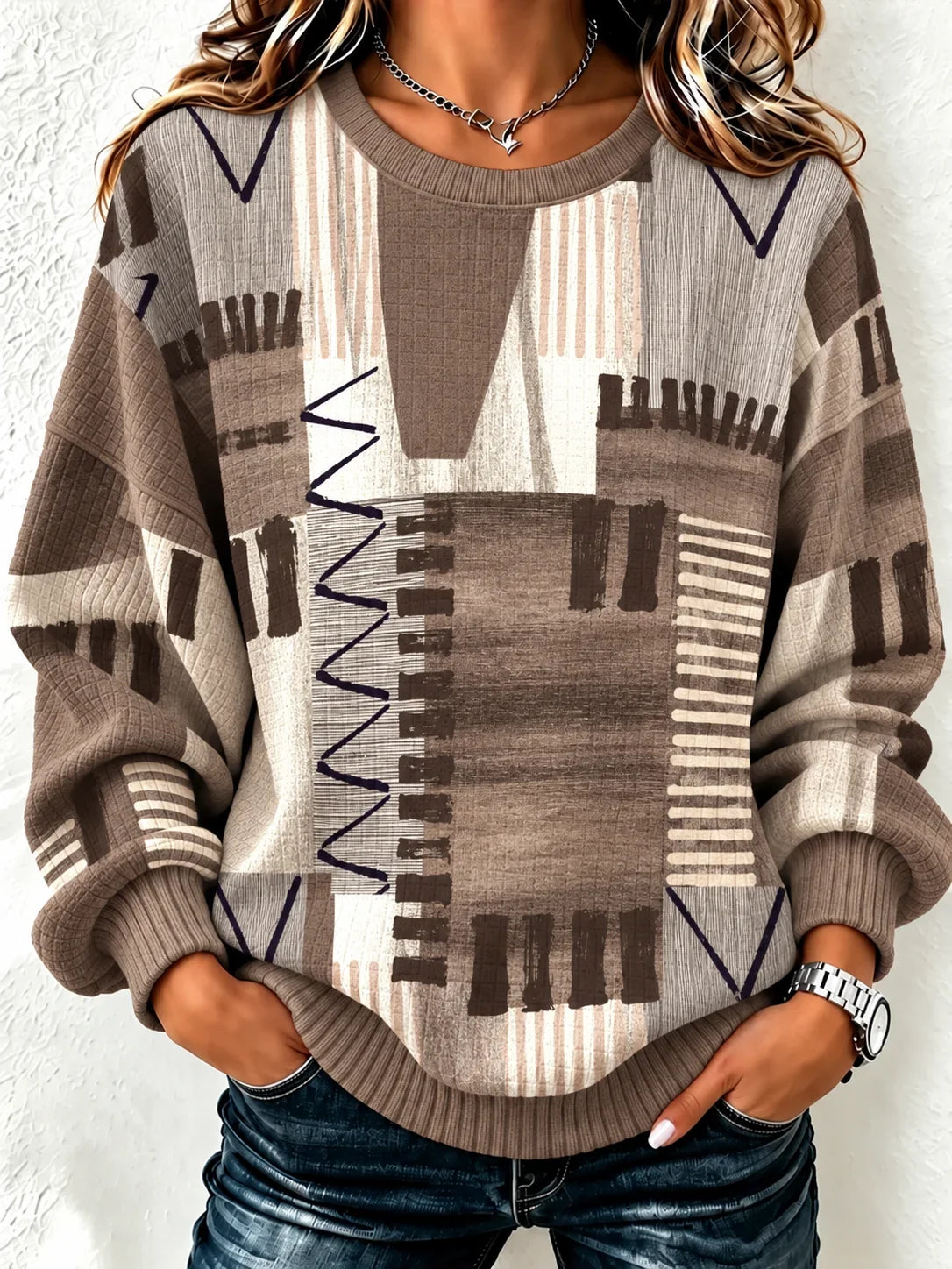 Casual Geometric Henley Collar Long Sleeve Sweatshirt