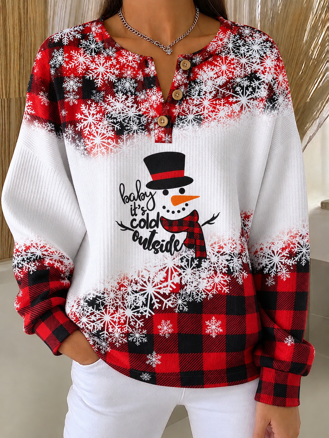 Vintage Plaid Henley Collar Long Sleeve Sweatshirt