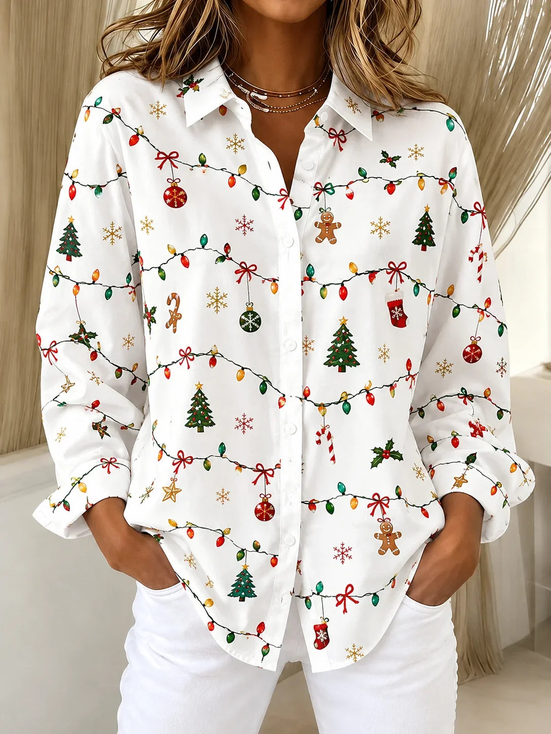 Women Christmas Casual Shirt Shirt Collar Long Sleeve Buckle Top