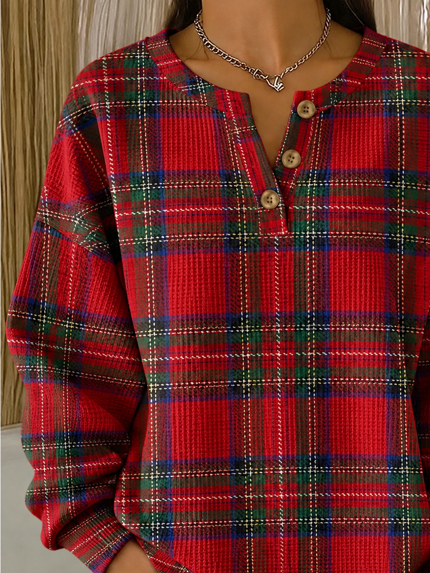 Vintage Plaid Henley Collar Long Sleeve Sweatshirt