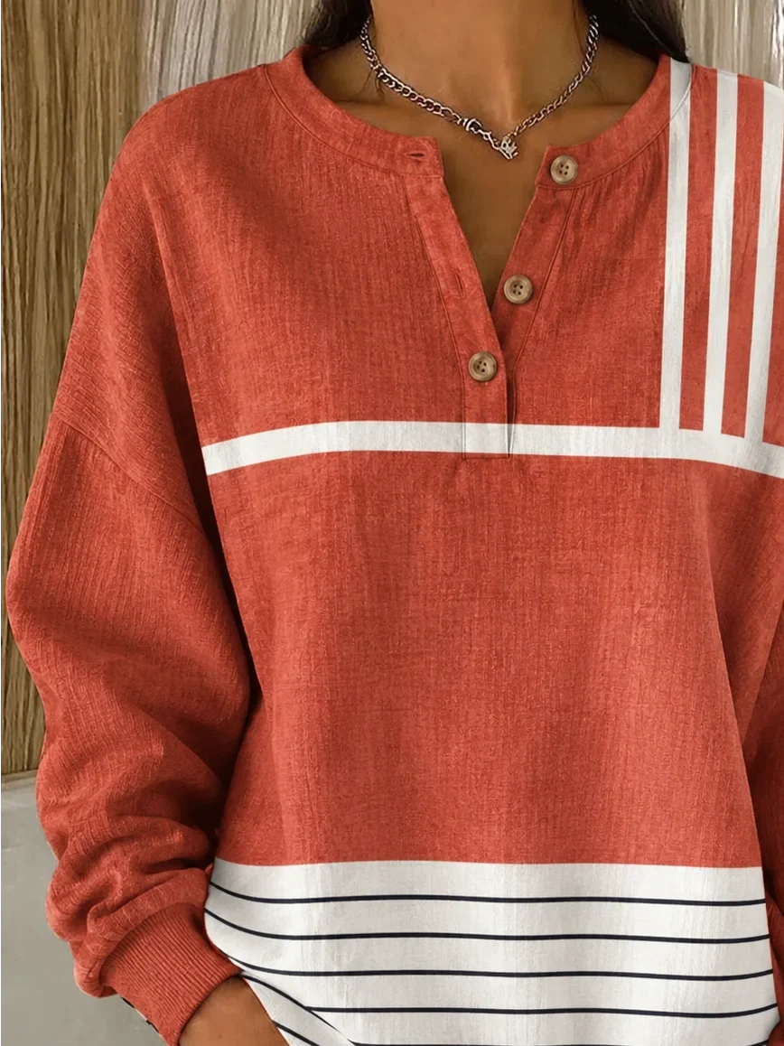 Vintage Casual Abstract Henley Collar Long Sleeve Sweatshirt
