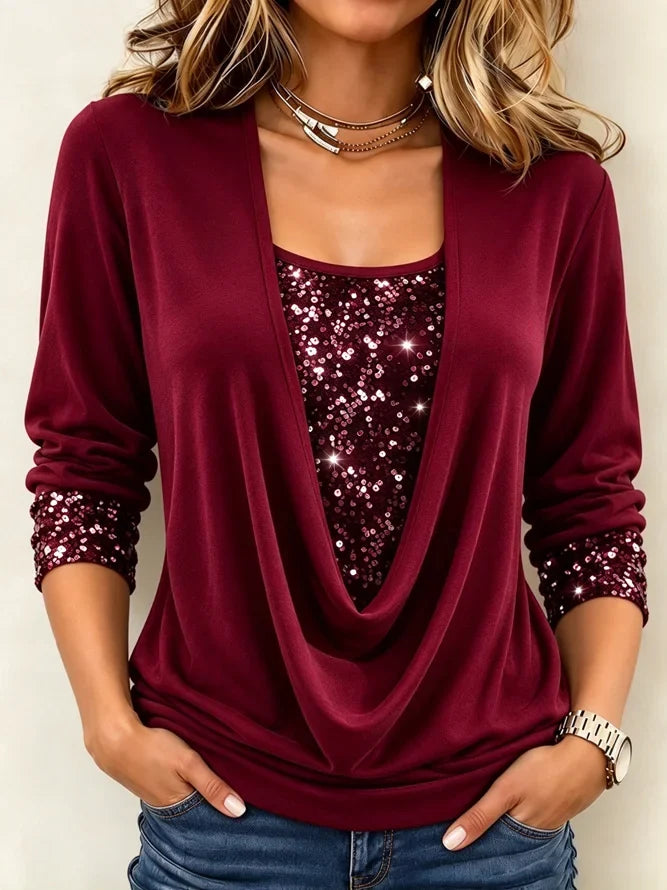 Women Elegant Plain Vintage Blouse Cowl Neck Long Sleeve Top