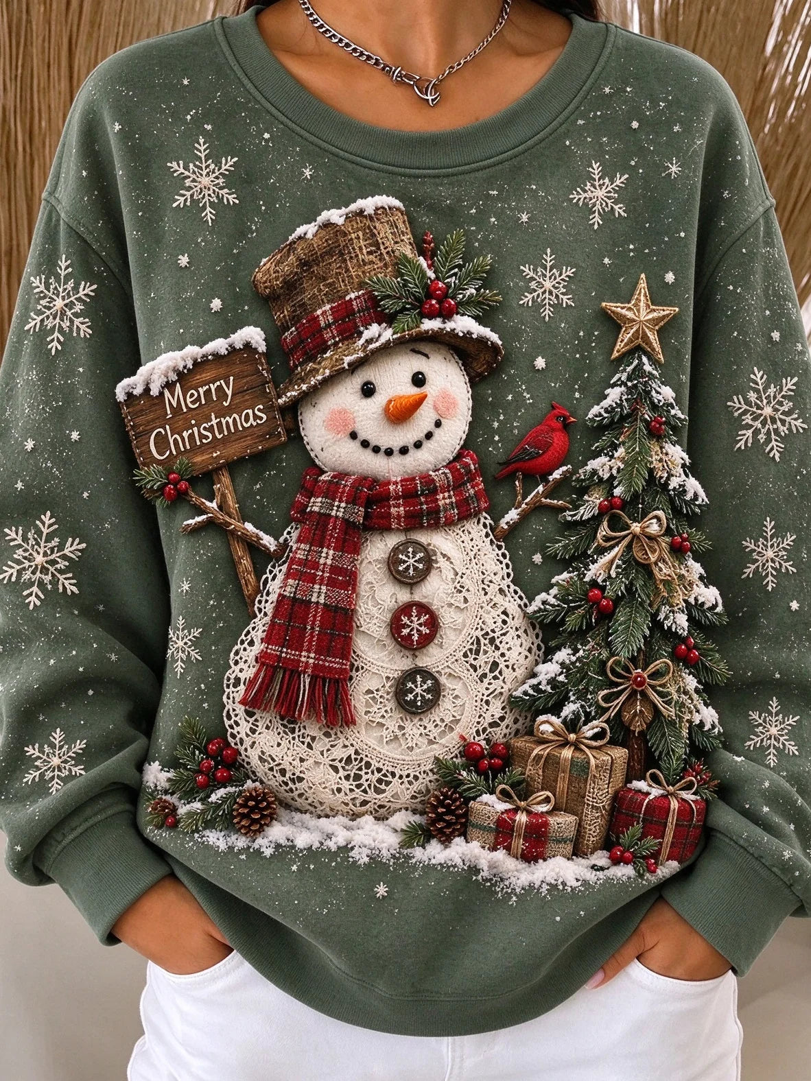 Vintage Christmas Casual Snowman Crew Neck Long Sleeve Sweatshirt
