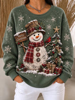 Vintage Christmas Casual Snowman Crew Neck Long Sleeve Sweatshirt
