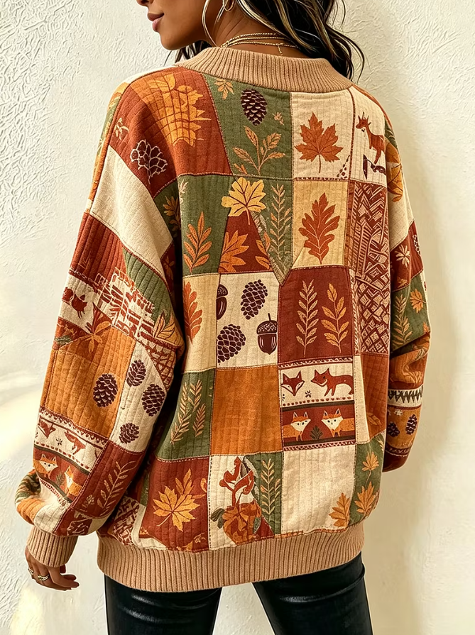 Women Chic Autumn Themed Patchwork Print Waffle Knit Sweater