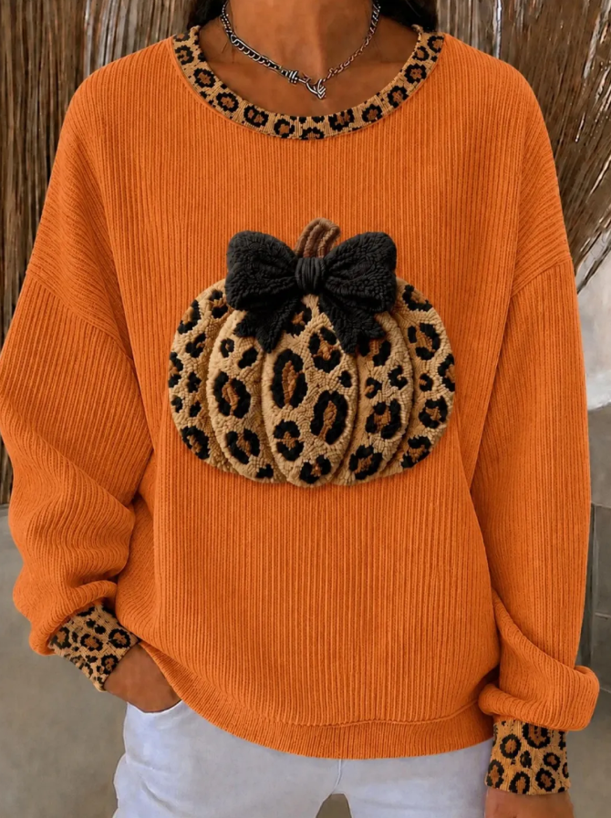 Women Pumpkin Leopard Bow Print Crew Neck Long Sleeve Sweatshirt