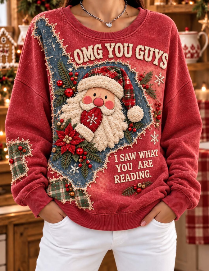 Women Santa And Poinsettia Embroidery Patchwork Sweatshirt