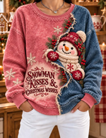 Women Christmas Snowman Pink And Denim Split Sweatshirt