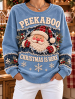 Women Christmas Blue Denim Panel Santa Peeking Winter Sweatshirt