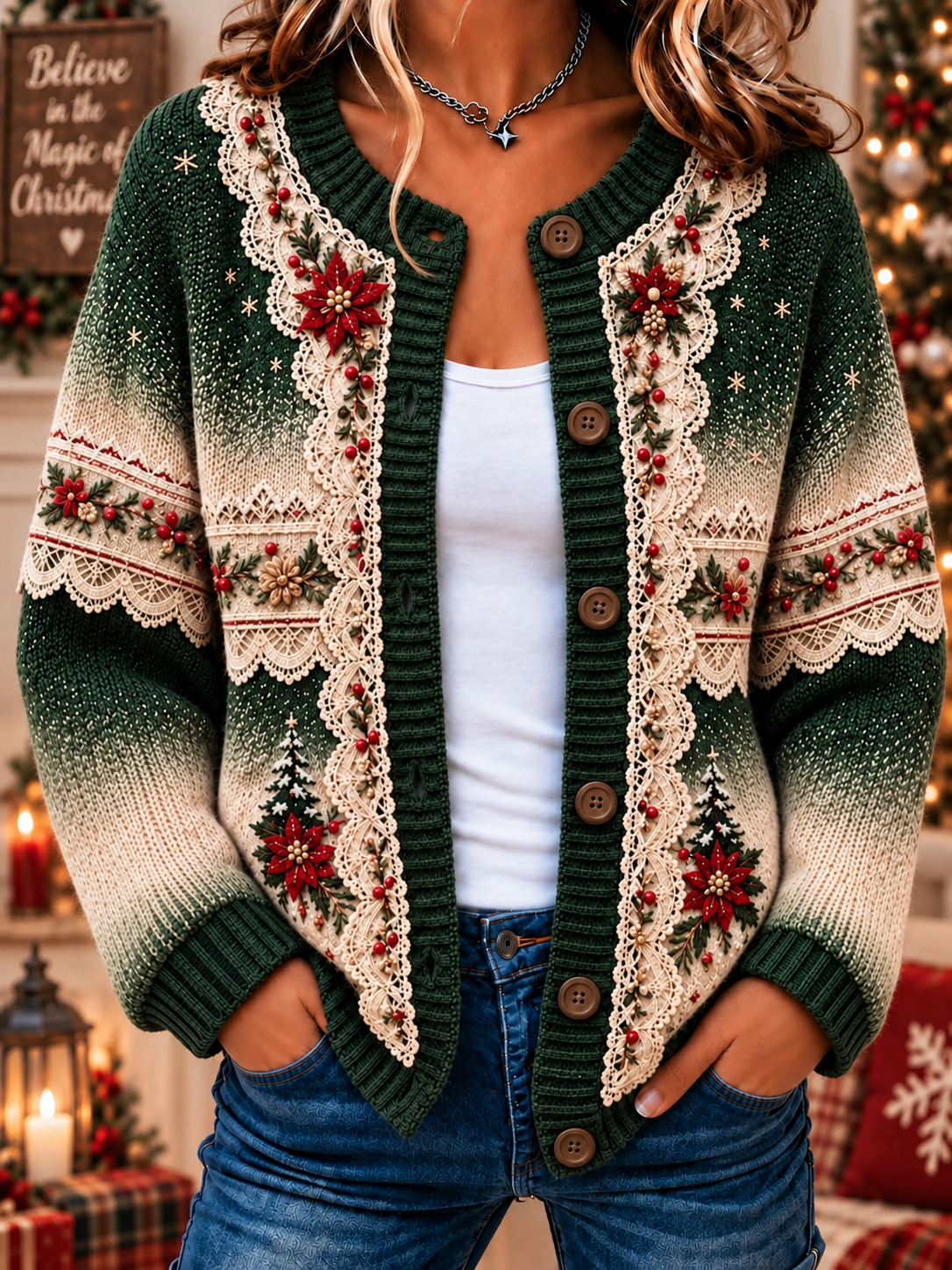 Casual Printing Christmas Regular Fit Vintage Cardigan