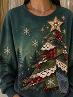 Vintage Casual Crew Neck Christmas Tree Printing Sweatshirt