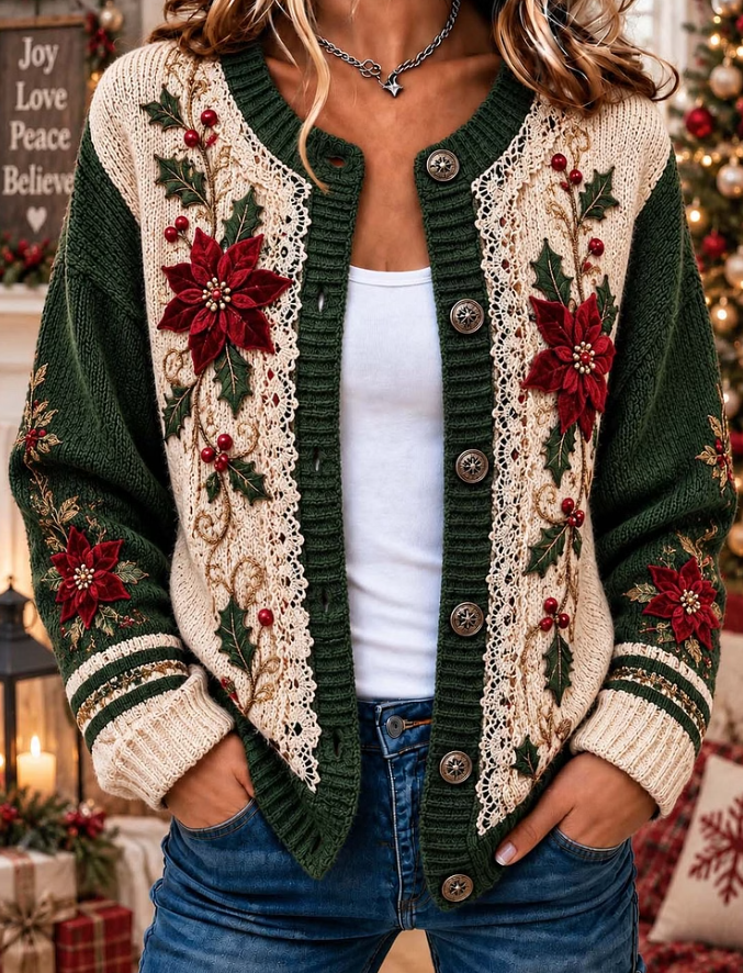 Women Color Block Poinsettia Embroidery Lace Knit Cardigan