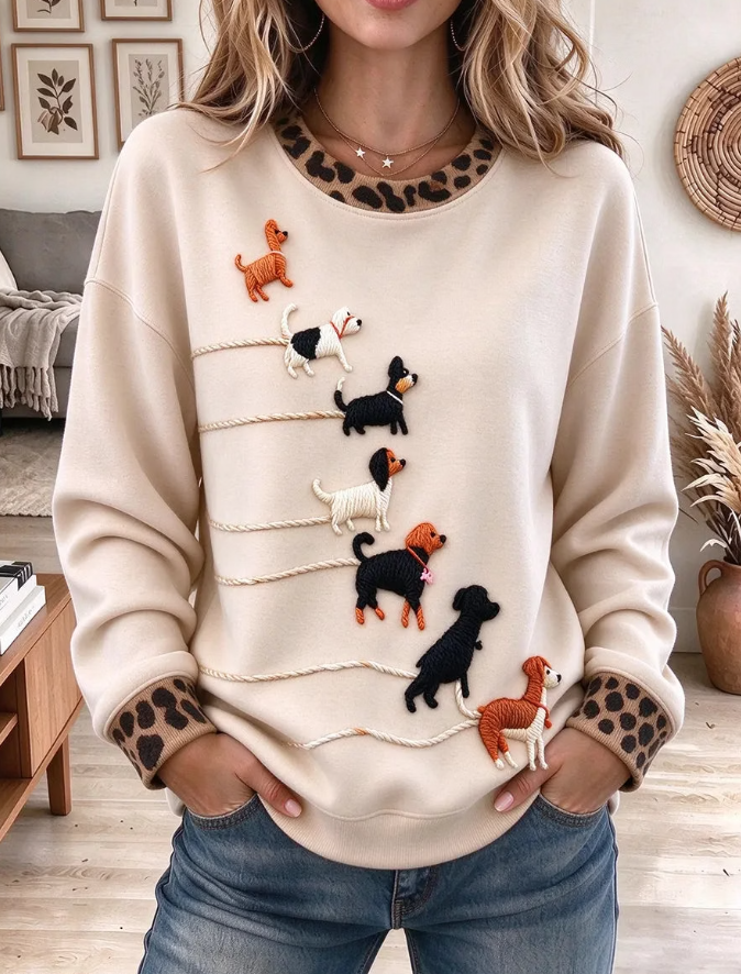 Women Casual Cute Dog Embroidery Sweatshirt