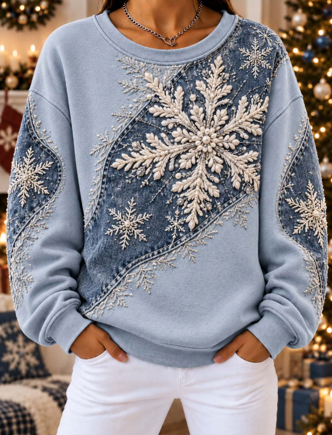 Women Casual Blue And Denim Panel Pearl Snowflake Embroidered Sweatshirt