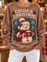 Women Denim Patchwork Snowman And Hot Cocoa Sweatshirt