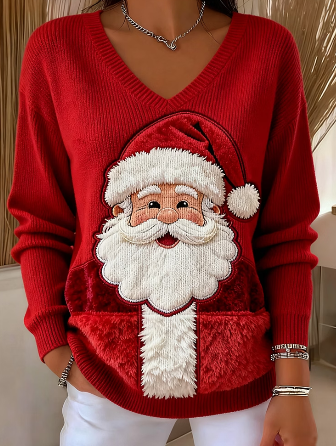 Women Christmas Santa Claus Art V Neck Ribbed Sweater