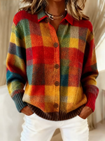 Women's Retro Plaid Art Print Casual Cardigan
