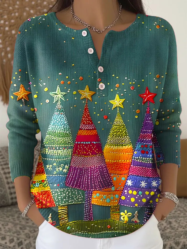 Women's Christmas Tree Art Print Buttoned Cardigan Sweater