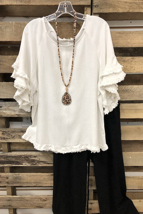 Black Short Sleeves Solid Ruffled Round Neck T-shirt