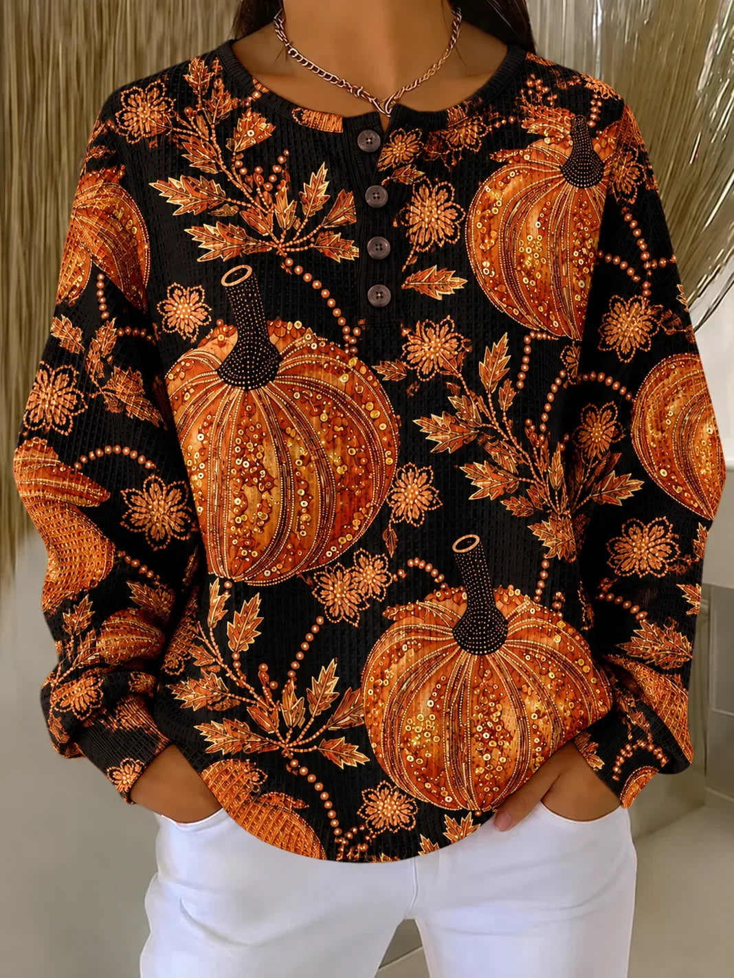 Casual Pumpkin Pattern Henley Collar Long Sleeve Sweatshirt