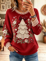 Women Casual Lace Trim Print Christmas Tree Waffle Sweatshirt