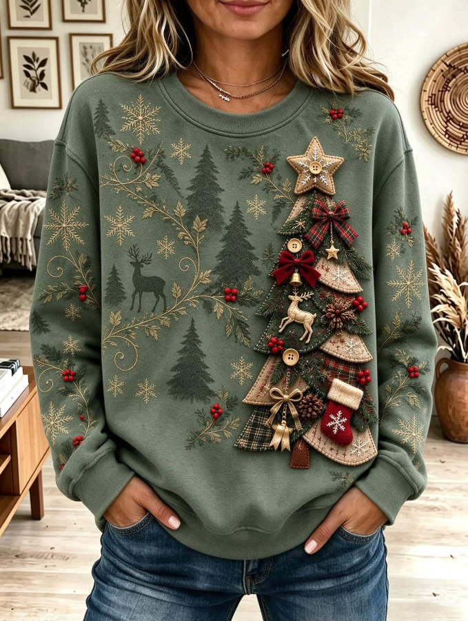 Women Casual Green Christmas Tree Deer Snowflake Graphic Long Sleeve Sweatshirt