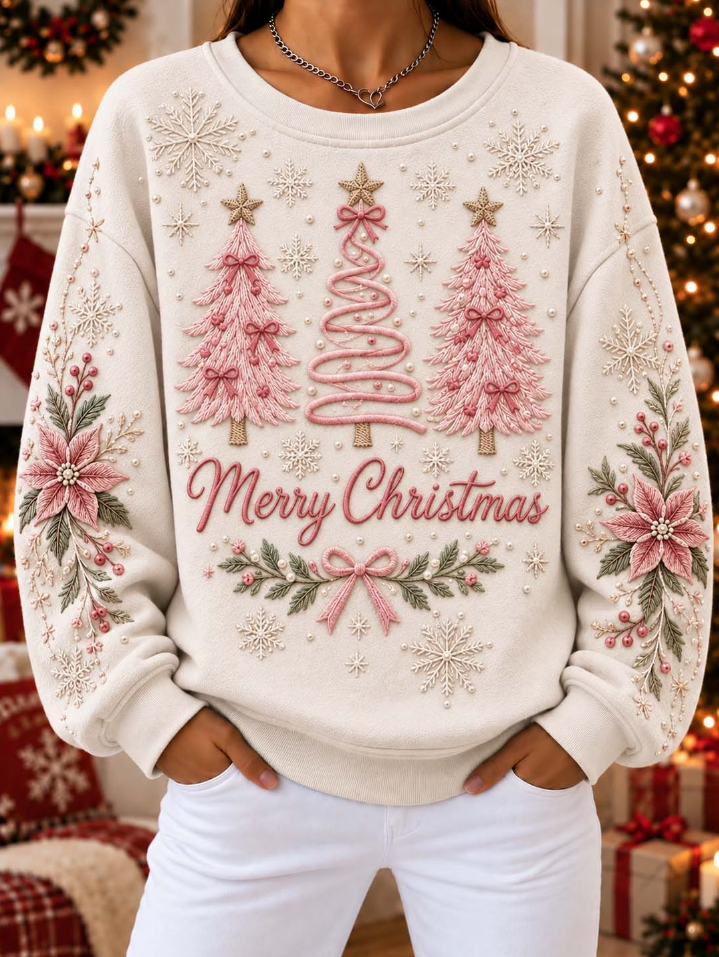 Triple Pink Christmas Trees with 'Merry Christmas' Embroidery Sweatshirt