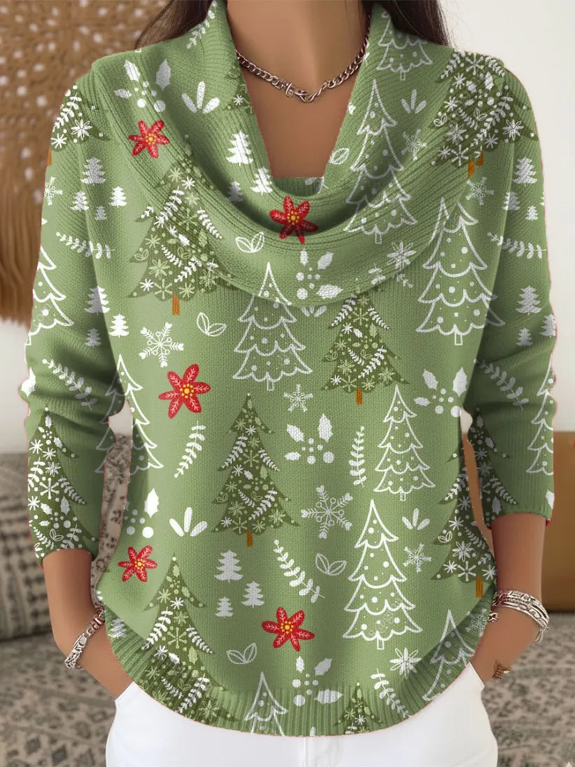 Women's Christmas Tree Pattern Art Print Casual Cowl Neck Sweater