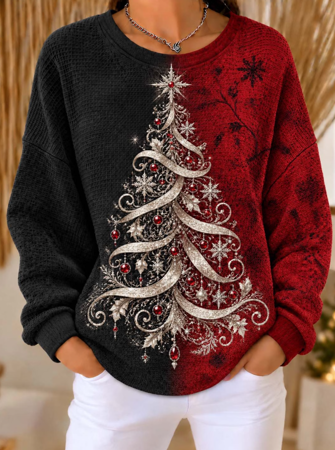 Women Silver Glitter Swirl Christmas Tree Color Block Waffle Sweatshirt